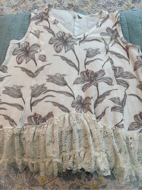 Cato Cream Tank Top with Gray and Light Pink Floral Print lace hem